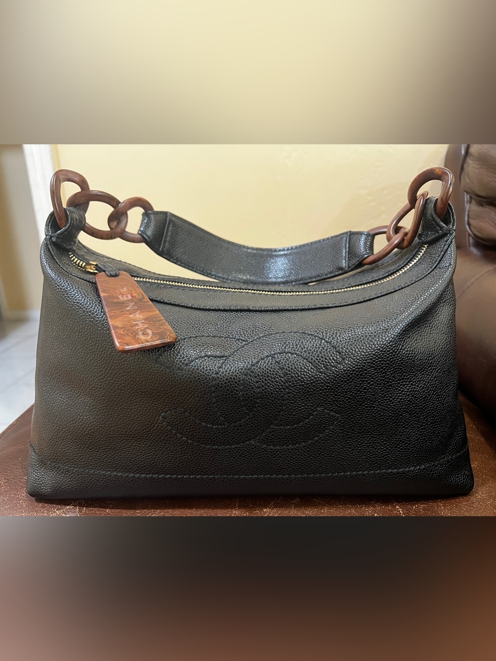 Chanel Vintage Caviar CC Wood Chain Hobo